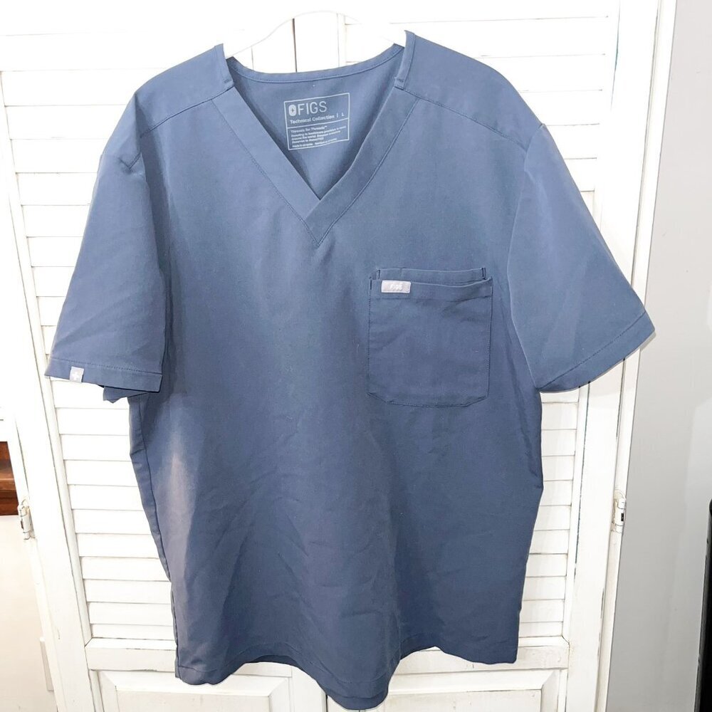 Figs Scrub Top Mens Large Blue Short Sleeve V Neck Double Pocket Technical